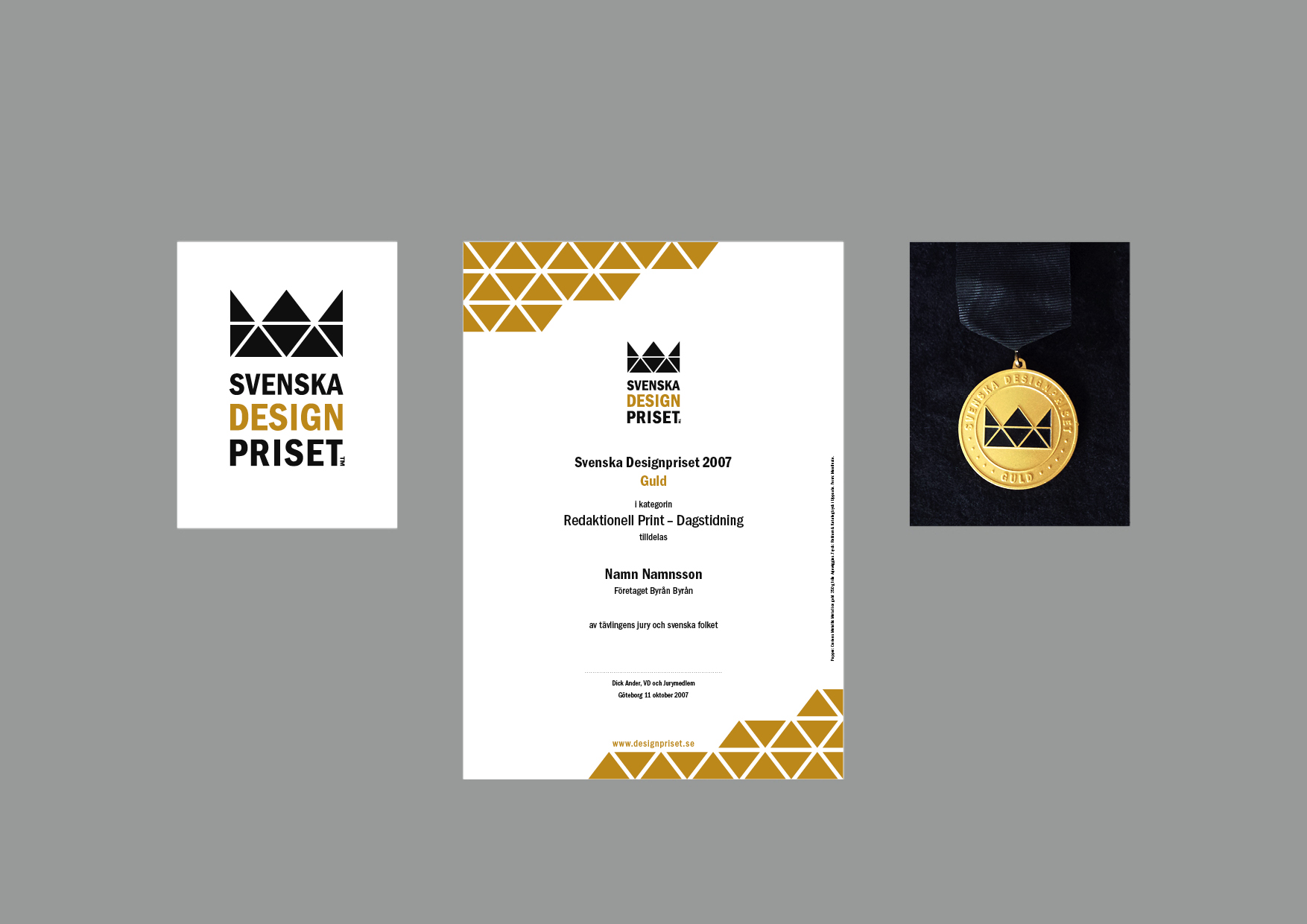 Bild på logotyp, diplom och guldmedalj för Svenska Designpriset